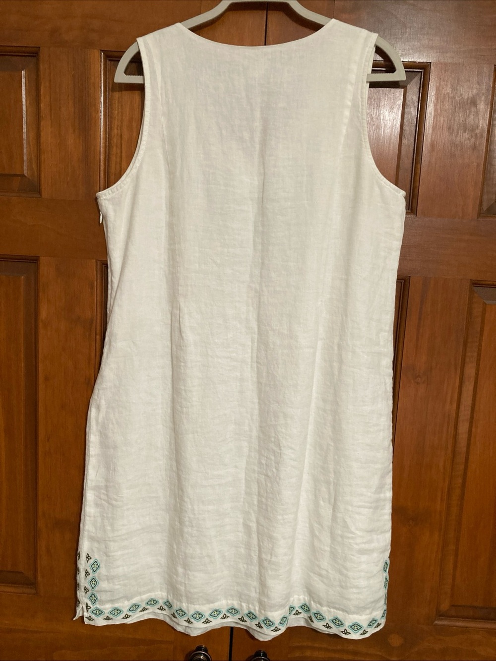 J. Jill White Linen Sleeveless V-Neck Dress with Turquoise Embroidery large - Picture 3 of 8